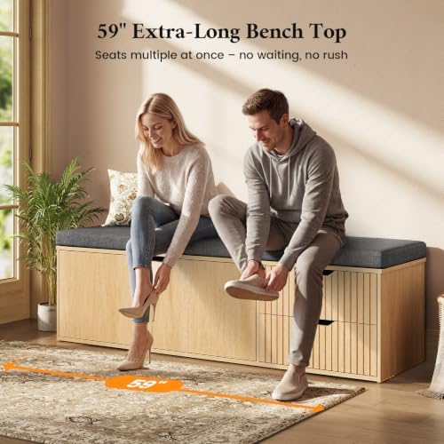 59" Storage Bench with Drawer, 2-Tier Shoe Bench with Storage, Long Entryway Bench, Thickened Cushion, Adjustable Shelf, Fluted Design for Entryway, Bedroom, Living Room, Natural