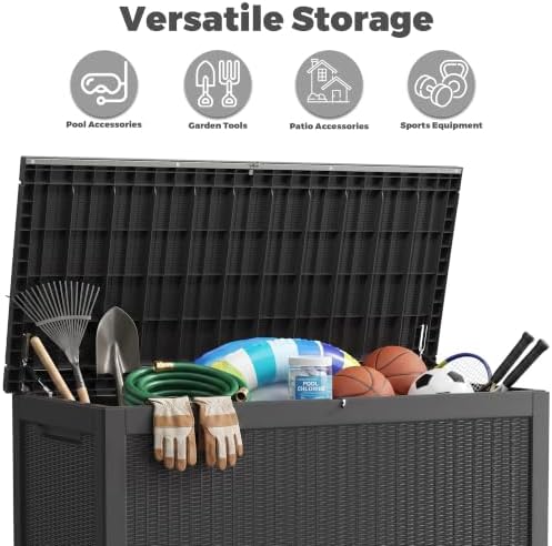 380 Gallon Outdoor Deck Box, Lockable Waterproof Outdoor Storage Boxes For Garden Tools,Indoor Cushions,Accessories Outside Storage Resin Weatherproof Container, Black