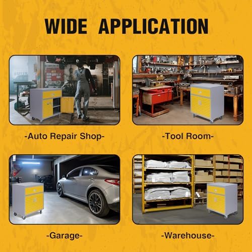 Metal Storage Cabinet with Wheels 30" x 18" x 34" Mobile Metal Garage Cabinet with 1 Drawer & 2 Doors Small Rolling Tool Storage Cabinet with 1 Adjustable Shelf & 4 Hanging Hooks, Yellow & Gray