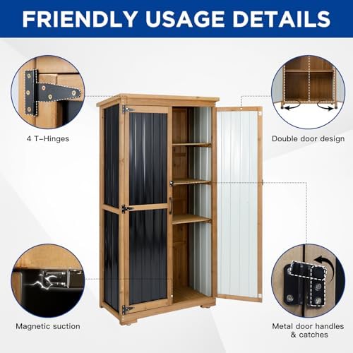 Outdoor Storage Cabinet Wood & Metal with Waterproof Roof, Garden Tool Shed with 3 Removable Shelves, 4 adjustable reinforced feet with metal brackets, 6 T-Hinge, magnetic door,15.6"D x 32.3"W x 66"H