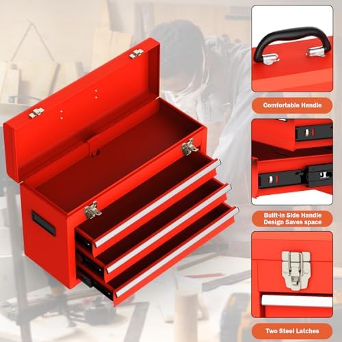 3 Drawer Metal Tool Box, Heavy Duty Steel Tool Chest with Ball Bearing Drawers, Portable Metal Toolbox with EVC Liners and Latches Closure, Powder Coated Tool Storage for Garage, Workbench & Home