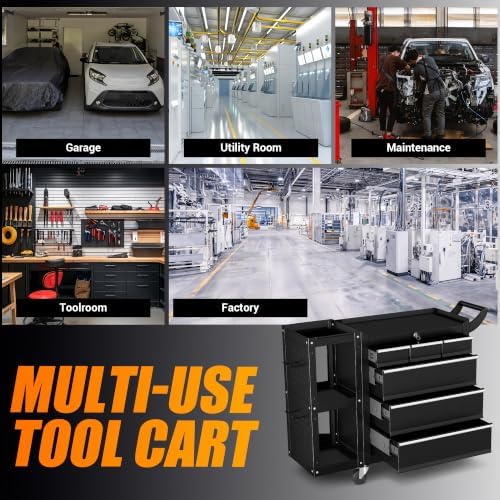 Tool Chest 6-Drawer, Heavy Duty Rolling Tool Chest with Stainless Steel Countertop/Side Drawer, Tool Cabinet with Lockable Drawers & 360° Wheels for Garage Storage, Workshop, Black