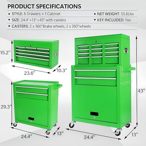 Dawmilon 8-Drawer Rolling Tool Chest, Detachable 2-in-1 Tool Box with Wheel