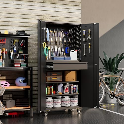 Reemoon 71" Metal Garage Cabinet with Wheels, Drawer and Pegboard