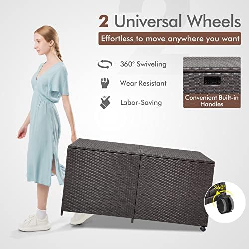 RELAX4LIFE 175-Gallon Outdoor Storage Box, Wicker Rattan Outside Storage Container Bin with Zippered Liner, 2 Universal Wheels, Gas Strut, Patio Deck Box for Backyard, Front Porch