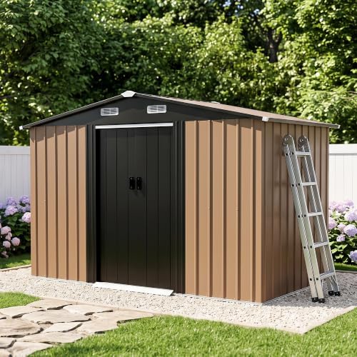 LAUSAINT HOME 10 x 4.5 FT Outdoor Storage Shed, Galvanized Steel Storage Shed with Double Sliding Doors, Gable Roof & Air Vent for Backyard, Brown