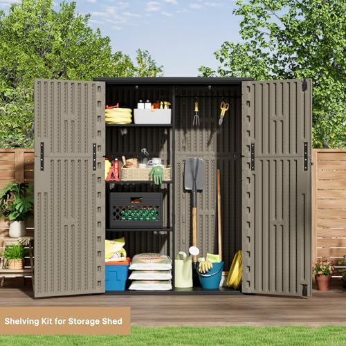 KINYING Outdoor Vertical Storage Shed,57 Cu.ft Outdoor Storage Cabinet Waterproof,Resin Sheds & Outdoor Storage Clearance for Garden,Patio,Backyard,Lockable (Brown)