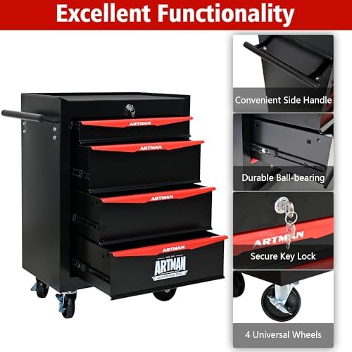 Heavy Duty 4-Drawer Rolling Tool Chest, Key Lock Tool Storage Cabinet with Lockable Casters & Drawer Liners, Mobile Tool Organizer Cart for Garage Workshop Warehouse Repair Shop (Black)