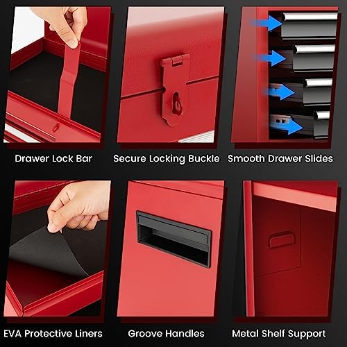 TANGZON Rolling Tool Chest Combo, Heavy Duty Lockable Tool Cabinet with Wheels, 5 Drawers, Adjustable Shelf, Hooks & Side Handle, 2-In-1 Detachable Tool Cart Trolley for Workshop Garage (Black+Red)