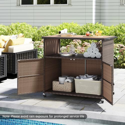 HAPPYGRILL Outdoor Storage Cabinet with Wheels, PE Rattan Patio Buffet Sideboard Bar Cart for Garden, Backyard & Poolside