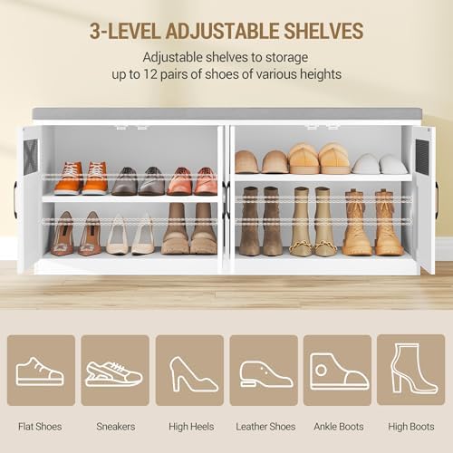 Hzuaneri 47.2" Shoe Storage Bench with 4 Barn Doors & Padded Seat Cushion