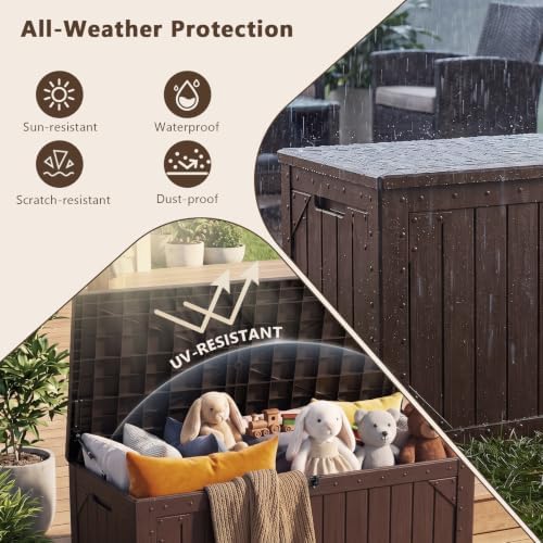 100 Gallon Outdoor Storage Box, Waterproof Large Resin Deck Box Lockable, Outside Storage Bin for Backyard Porch Patio Furniture Garden Tools, Brown