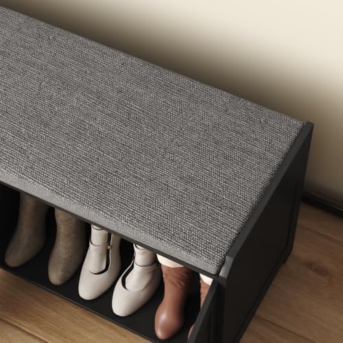 HOMEFORT 48.4" Shoe Storage Bench with Cushion, Entryway Bench with Paddded Seat, 2-Tier Shoe Cabinet Bench with Adjustable Shelves and 4 Doors, Wooden End of Bed Bench, for Bedroom, Hallway, Black