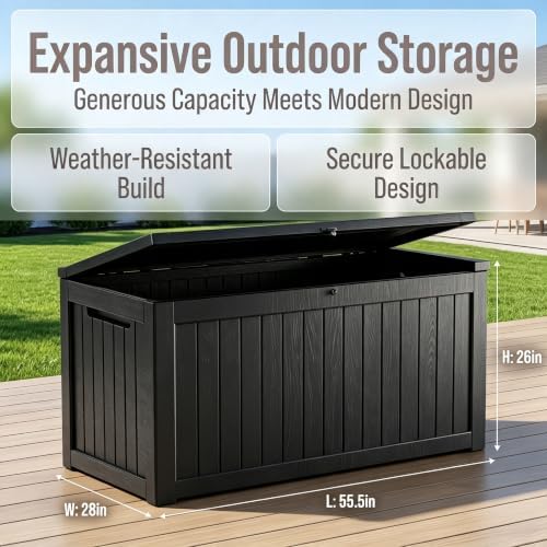 201 Gallon Large Resin Outdoor Storage Box, Waterproof Deck Box with Lockable Lid, Outside Storage Box for Patio Furniture, Pool Accessories, Garden Tools, Storage Bench for Backyard, Porch, Black
