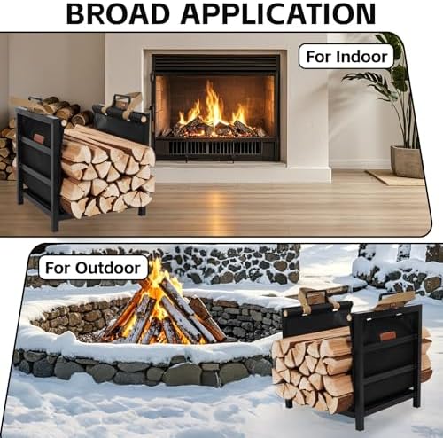 Firewood Rack Indoor Outdoor with Firewood Carrier, Fireplace Wood Log Holder Heavy Duty Metal, Indooor Firewood Holder for Fireplace Wood Storage, 16 inch, Black