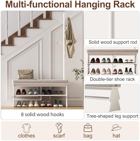 Coat Rack with Shoe Storage, Shoe Rack with 8 Hook, White