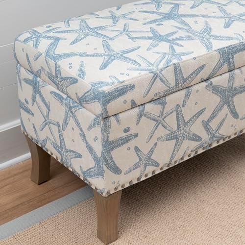 Linon Stephanie Cream and Light Blue Starfish Fully Upholstered Bench with Hidden Interior Storage