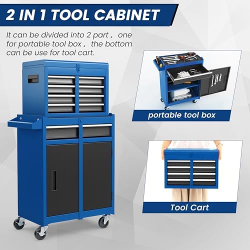 TANGZON Rolling Tool Chest, 2-in-1 Large Capacity Tool Cabinet with Wheels, 5 Drawers & Auto-Locking System, Heavy-Duty Metal Toolbox for Workshop, Warehouse, Garage (Black + Blue)