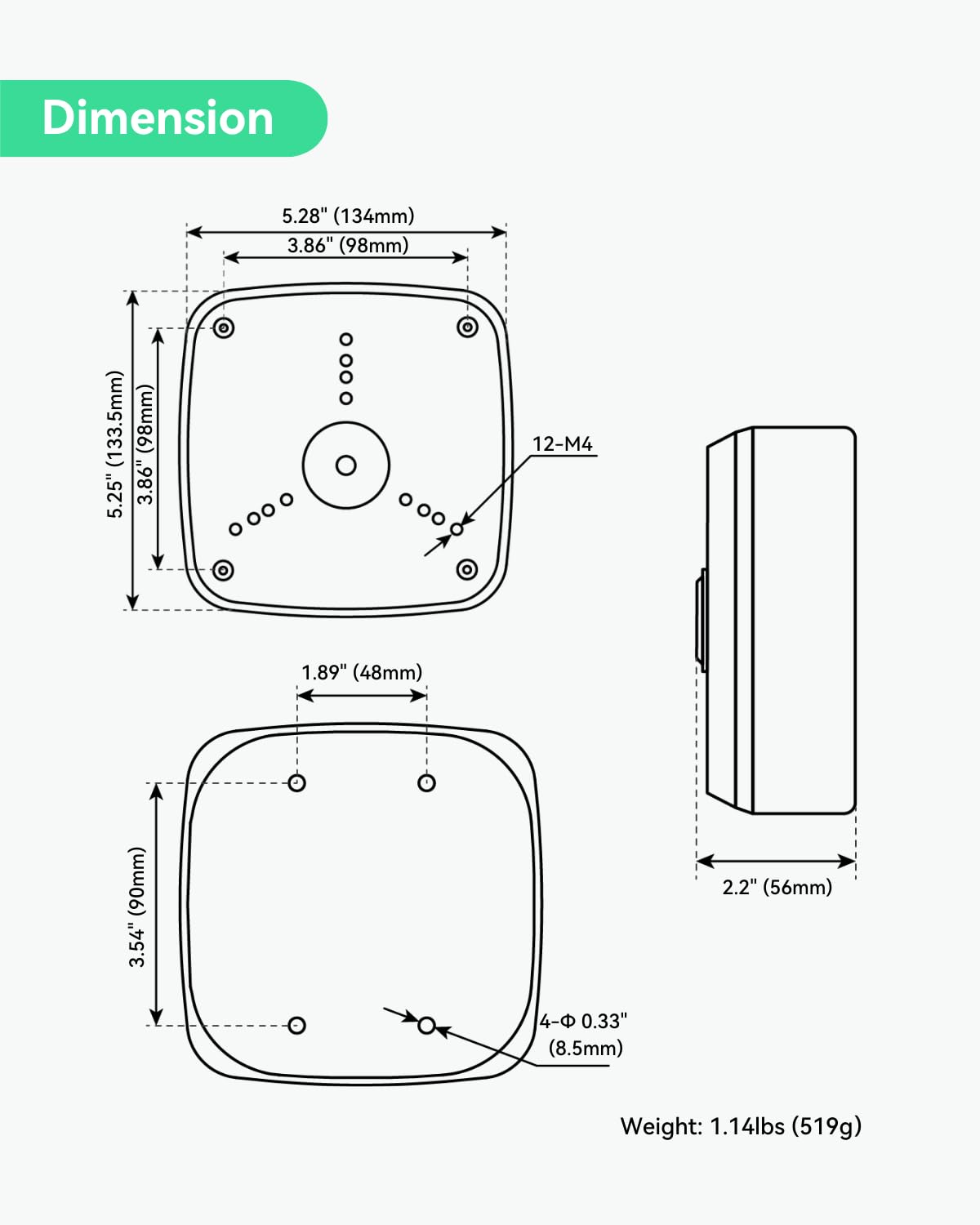 linovision eoc transmitter camera mount box, ip66 waterproof showing dimensions