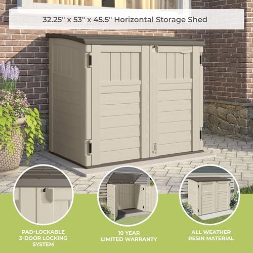 Suncast 4 Pack 34 Cu Ft Capacity Horizontal Outdoor Storage Shed for Garbage Cans, Garden Accessories, Backyard, and Patio Use, Vanilla