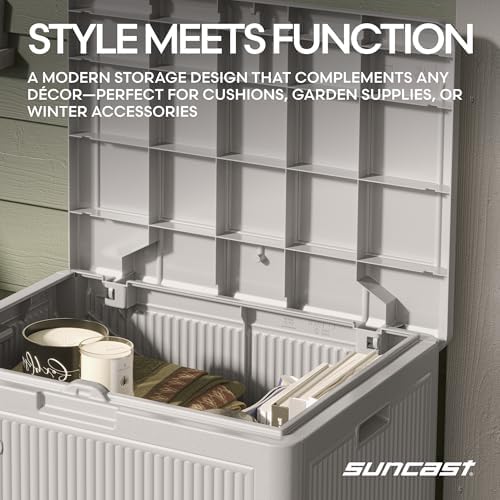 Suncast 22 Gal, Small Outdoor Storage Deck Box, Resin Reeded, French Gray