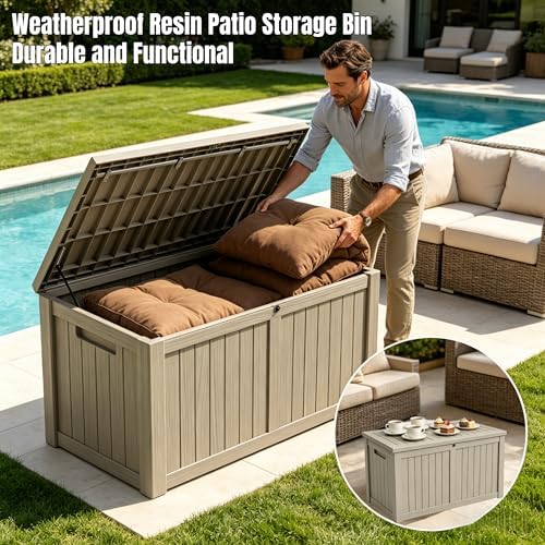 178 Gallon Large Resin Outdoor Storage Box, Waterproof Deck Box, Lockable Deck Container with Reinforced Support, Outdoor Chest for Patio Accessories, Outdoor Cushions, Garden Tools, Taupe Gray