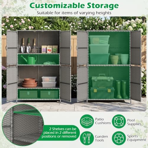 Tangkula Rattan Outdoor Storage Cabinet, Patiojoy Outdoor Cabinet with 2 Adjustable Shelves, 4 Doors, Patio Storage Deck Box Table for Patio Garden Poolside