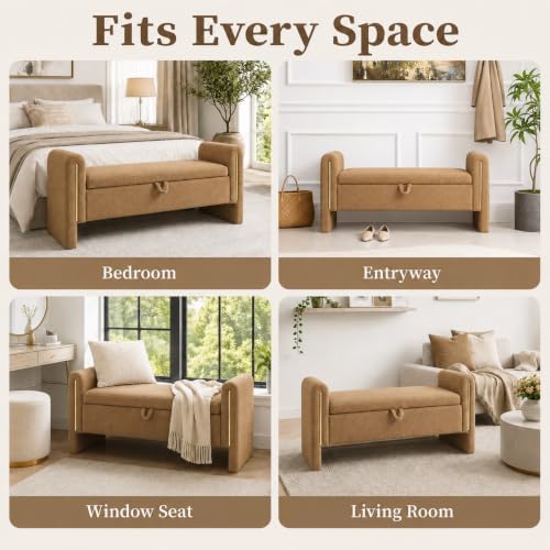 52" Upholstered Storage Bench, Brown, Armrests, Wood Frame