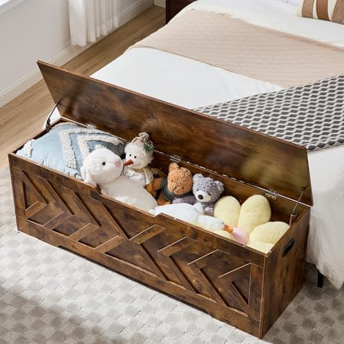 55.1” Storage Bench, Extra Large Entryway Bench with Storage,Storage Chest with 2 Safety Hinges,Blanket Storage,Shoe Storage Chest for Bedroom,Living Room,Easy Assembly. (Rustic Brown)