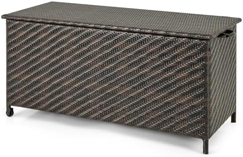 Tangkula Tightly-Woven Rattan Deck Box, Patiojoy Storage Cabinet Container with Polyester Liner, Universal Wheels & Gas Strut, 85 Gallon Indoor Outdoor Storage Box for Pillows, Cushions (Brown)