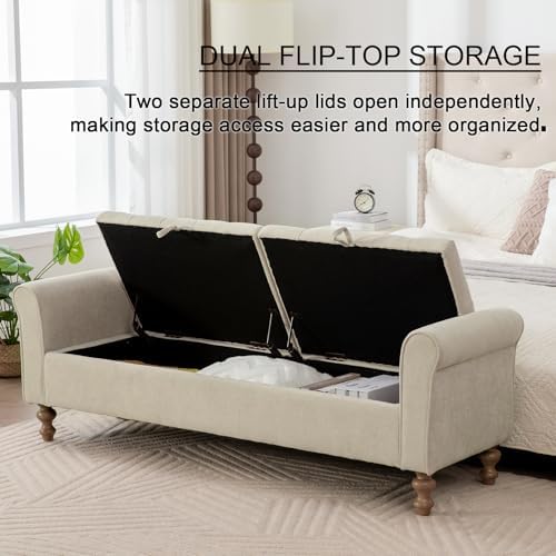 Storage Bench for Bedroom, 65.2'' Tufted End of Bed King Size Upholstered Extra-Long Bench with Dual Flip-Top Lids for Entryway, Hallway, Cloakroom, Window, Griege.