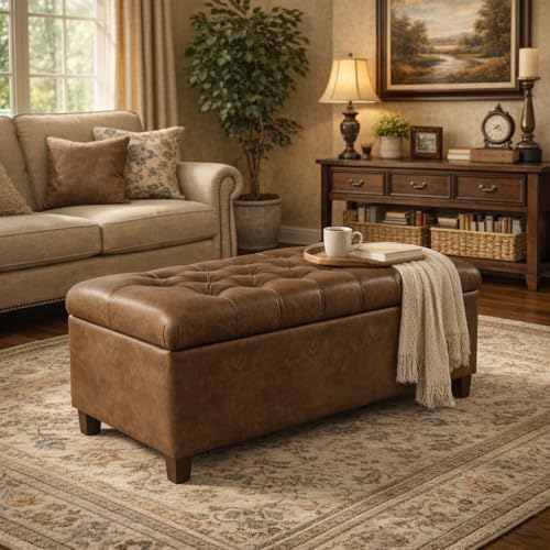 HomePop 40" Button Tufted Storage Bench - Distressed Brown Faux Leather