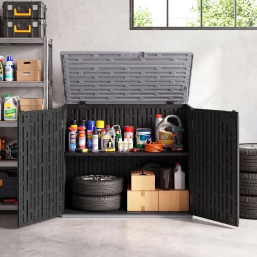DREAMADE Horizontal Outdoor Storage Cabinet, 20 Cu.Ft Resin Shed, Black