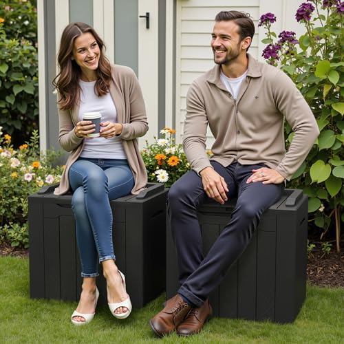 Greesum 31 Gallon Deck Box for Outside, All Weather Outdoor Storage Boxes for Patio Furniture Set, Package Delivery Box, Garden Tools, Black(Set of 2)