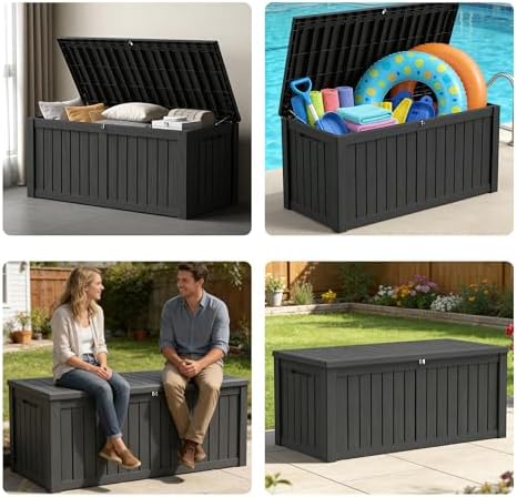 150 Gallon Outdoor Storage Box Resin Deck Box All Weather Waterproof Large Lockable Storage Container Deck Box for Patio Furniture, Garden Tools, Lockable, Black New