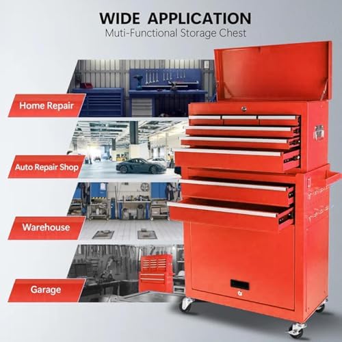 8 Drawers Rolling Tool Chest, 2-in-1 Detachable Metal Tool Storage Cabinet with Wheels, Lockable Tool Cart with Hooks for Garage, Workshop or Salon Use, Red