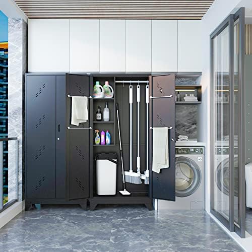 75" Taller Metal Garage Storage Cabinet,Tool Chest, Large Office Storage Cabinet with Lock Doors, Stainless Steel Bottom Plate with Holes,Utility Room Organization(H75* D16.53*L33.85)(Black)