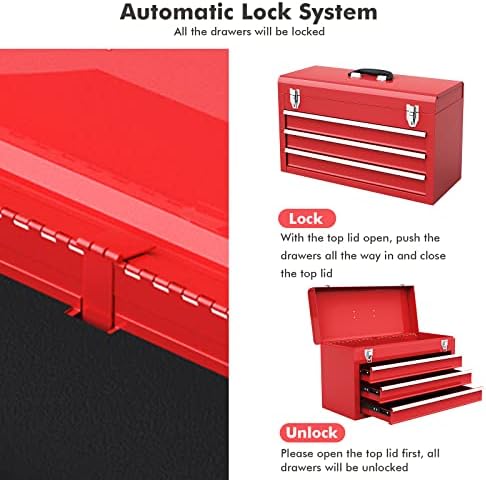 IRONMAX Portable Tool Box, Lockable Steel Tool Chest Cabinet w/ 3 Drawers & Top Tray, 3-Drawer Toolbox for Household, Warehouse, Repair Shop, Red