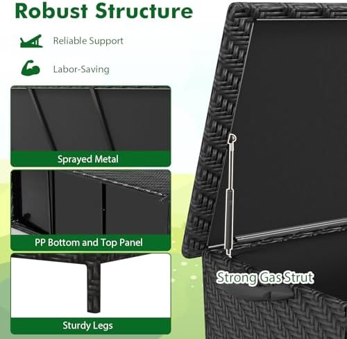 Tangkula Tightly-Woven Rattan Deck Box, Patiojoy Storage Cabinet Container with Polyester Liner, Universal Wheels & Gas Strut, 85 Gallon Indoor Outdoor Storage Box for Pillows, Cushions (Black)