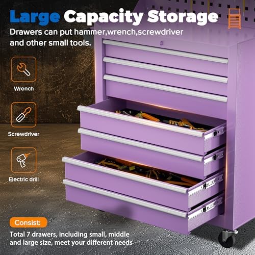 INTERGREAT 7 Drawers Rolling Tool Box with Pegboard,Portable Tool Chest with Wheels, Tool Box Organizer with Locking System for Garage, Purple