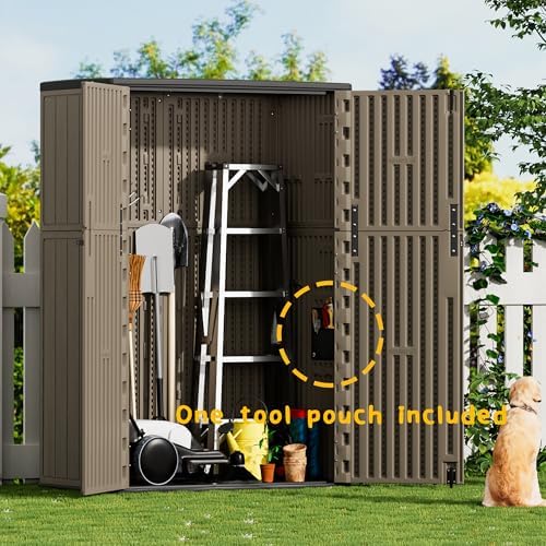 Mrosaa Outdoor Storage Shed Waterproof,Resin Storage Cabinet Outdoor with Floor,Tall Outdoor Storage Box for Garage Storage, Pool Storage, Bike, Garden (57Cu.ft)-Brown