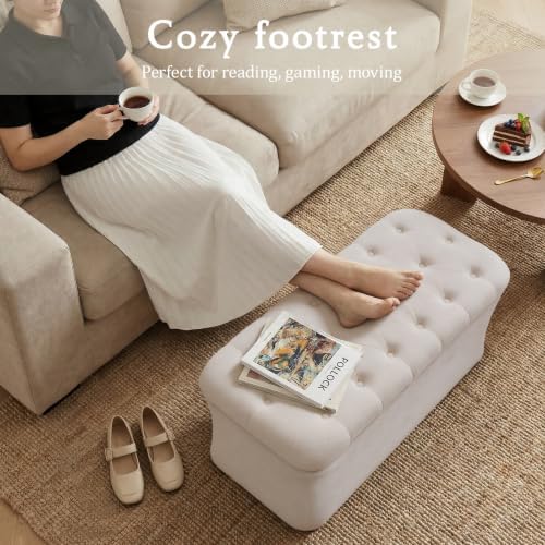 ONBRILL Storage Ottoman Bench, End of Bed Bench, 39.8 x 18.1 x 17.7 Inches Pouf Ottoman Foot Rest, Storage Benches Chest for Bedroom Entryway Living Room, Max 330 lbs, Beige