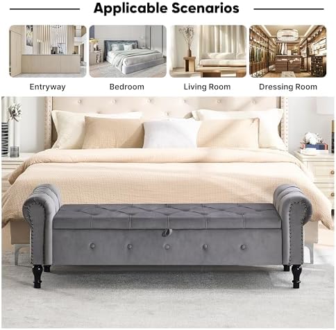 Storage Bench 67" Velvet End of Bed Benches Dark Grey