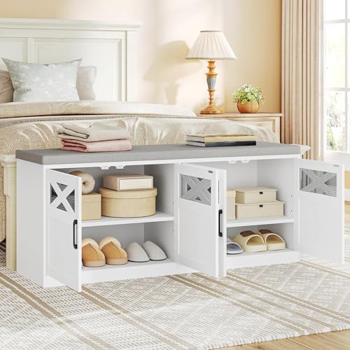 Hzuaneri 47.2" Shoe Storage Bench with 4 Barn Doors & Padded Seat Cushion