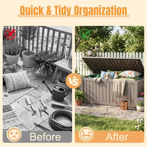 Outdoor Storage Box, 240 Gal Waterproof Resin Deck Box w/Support Rod