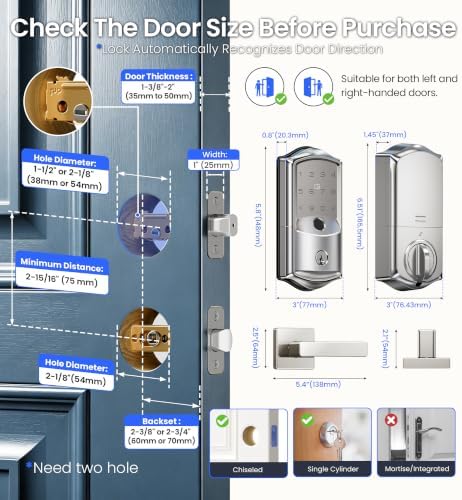 Veise VE027-L WiFi Smart Lock with Handles Set for Front Door, Satin Nickel