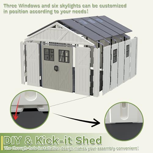 Greesum 10x12FT Resin Outdoor Storage Shed with Floor, Plastic Sheds, Beige