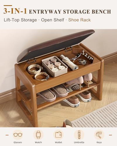 Shoe Rack Bench with Hidden Storage, 2‑Tier Solid Rubberwood Entryway Bench