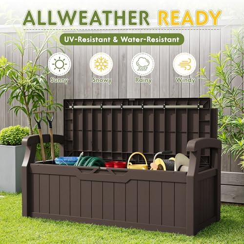Greesum 80 Gallon Outdoor Storage Bench Deck Box with Cushion, Brown