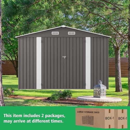 10x12 FT Outdoor Storage Shed, Large Metal Garden Shed with 2 Windows, Outside Tool Sheds with Lockable Hinged Doors, Waterproof Storage Building with 4 Air Vents for Backyard, Patio, Lawn, Gray